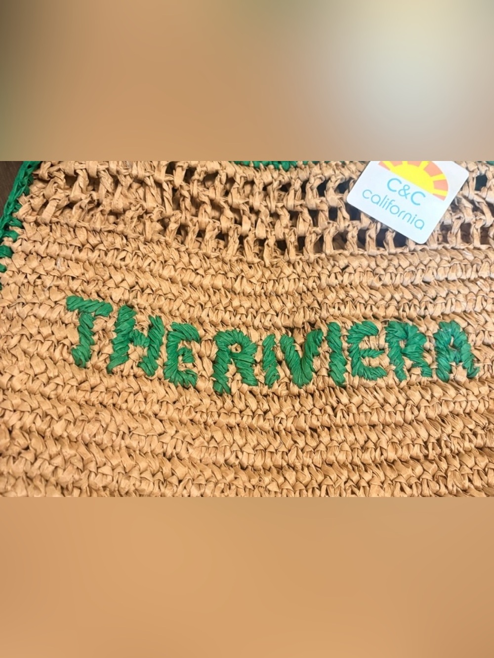 C&C California Riviera Natural Crochet Tote with Green Trim NWT - Picture 8 of 8